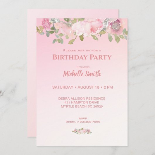 Invitation Fête d'anniversaire rose et blanc (Devant / Derrière)