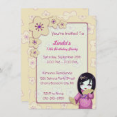 Invitation Fête d'anniversaire rose et blanche de geisha (Devant / Derrière)