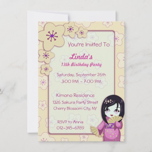 Invitation Fête d'anniversaire rose et blanche de geisha (Devant)