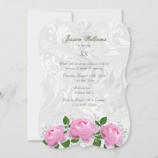 Invitation Fête d'anniversaire rose et damas stylé (Devant)