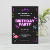 Invitation Fête d'anniversaire rose et noir moderne Neon Futu (Debout devant)