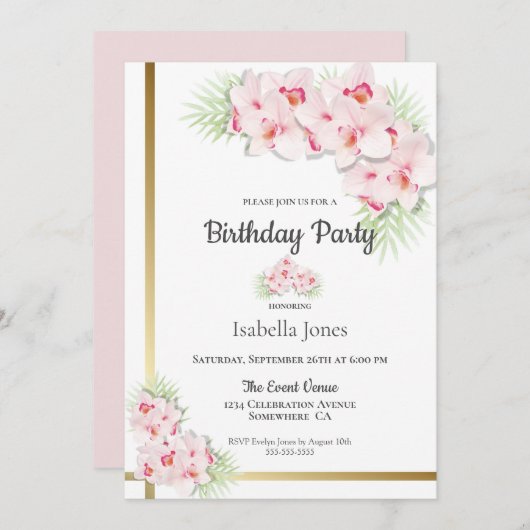 Invitation Fête d'anniversaire rose et or (Devant / Derrière)