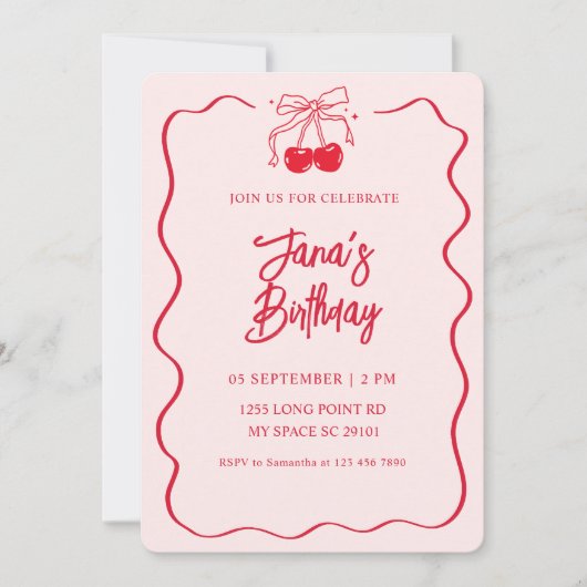 Invitation Fête d'anniversaire rose et rouge cerise (Devant)