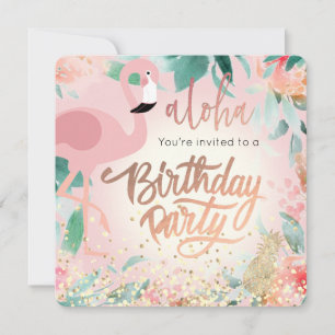 Invitation fête d'anniversaire rose flamand tropical