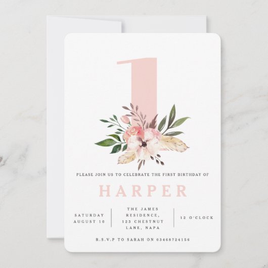 Invitation fête d'anniversaire rose floral (Devant)