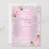 Invitation Fête d'anniversaire rose Floral hiver Wonderland (Devant)