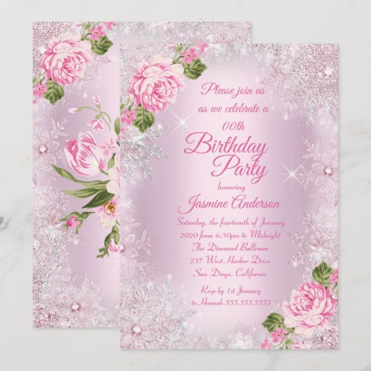 Invitation Fête d'anniversaire rose Floral hiver Wonderland (Devant / Derrière)