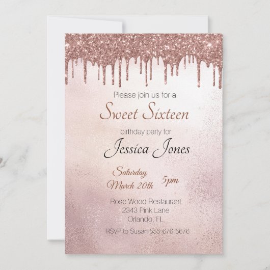 Invitation Fête d'anniversaire Rose Gold Drips 16 ans (Devant)
