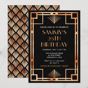 Invitation Fête d'anniversaire Rose Gold et Noir Art Déco