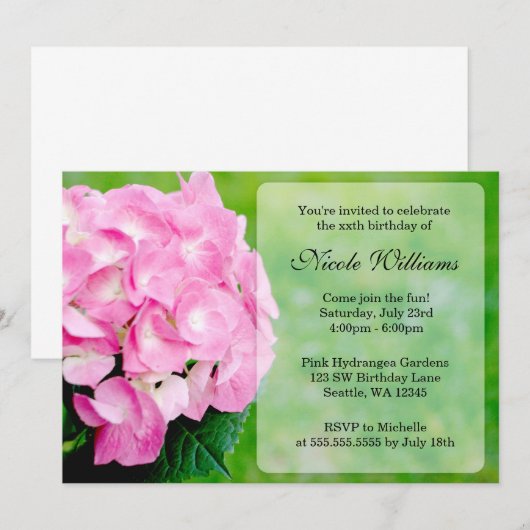 Invitation Fête d'anniversaire rose Hydrangea Blossom (Devant / Derrière)
