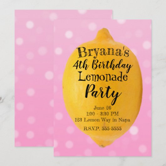 Invitation Fête d'anniversaire rose Limonade jaune citron (Devant / Derrière)