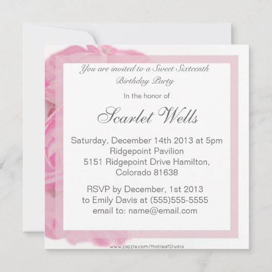 Invitation Fête d'anniversaire rose majestueuse de sweet (Dos)