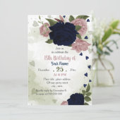 Invitation fête d'anniversaire rose marine fleurs verdure (Debout devant)