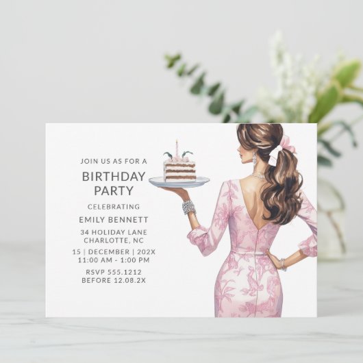 Invitation Fête d'anniversaire rose moderne (Debout devant)