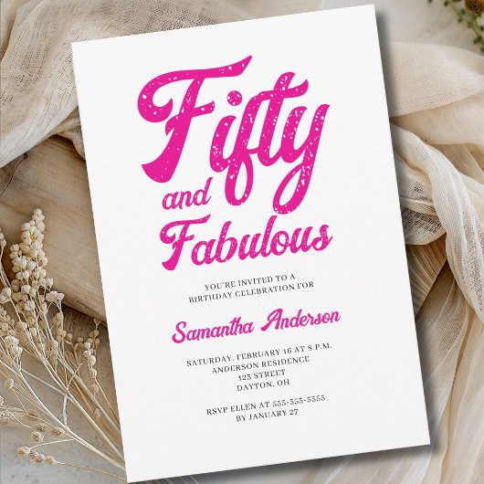 Invitation Fête d'anniversaire rose moderne 50 ans et fabuleu