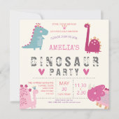 Invitation Fête d'anniversaire rose moderne dinosaure mignon (Devant)