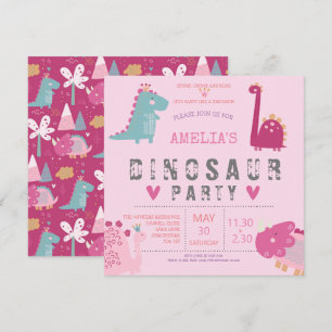 Invitation Fête d'anniversaire rose moderne dinosaure mignon