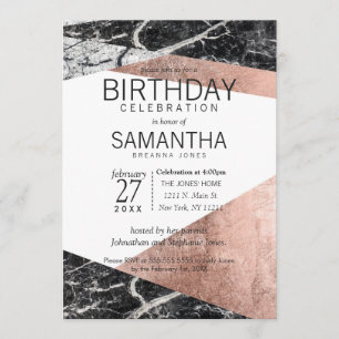 Invitation Fête d'anniversaire rose moderne d'or et de marbre