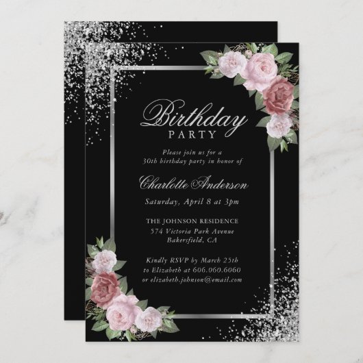 Invitation Fête d'Anniversaire Rose Noir Noir (Devant / Derrière)