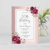 Invitation Fête d'anniversaire rose or bordeaux floraux (Debout devant)