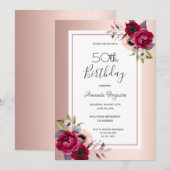 Invitation Fête d'anniversaire rose or bordeaux floraux (Devant / Derrière)