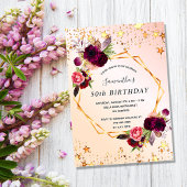 Invitation Fête d'anniversaire rose or étoiles floraux bordea