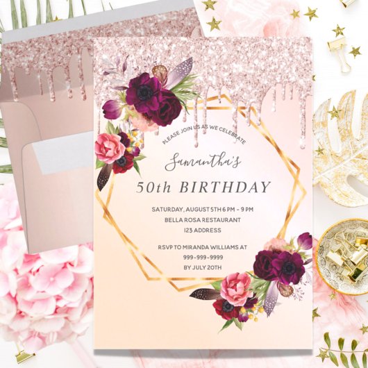 Invitation fête d'anniversaire rose or parties scintillant fl