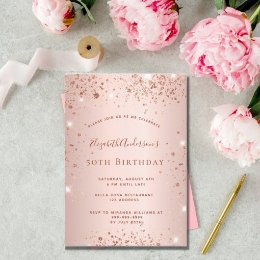 Invitation Fête d'anniversaire rose or rousse parties scintil