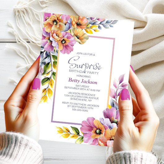 Invitation Fête d'anniversaire rose Orange Florale Surprise