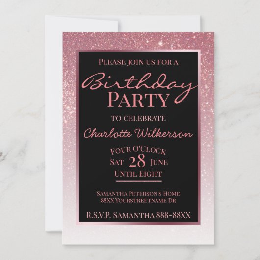 Invitation Fête d'anniversaire rose pailletée glamour féminin (Devant)