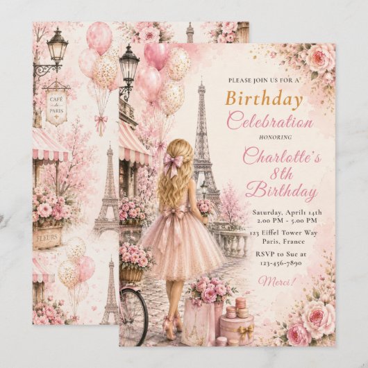Invitation Fête d'anniversaire Rose Paris (Devant / Derrière)
