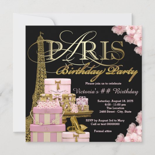 Invitation Fête d'anniversaire rose Paris (Devant)
