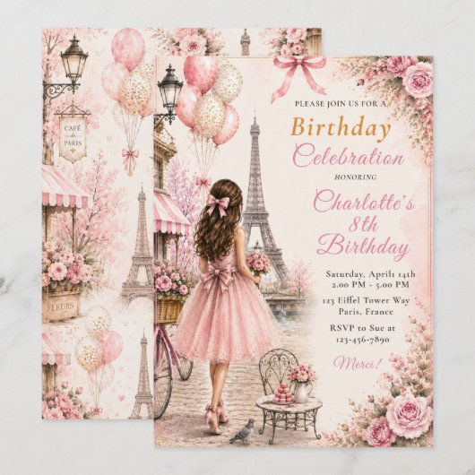 Invitation Fête d'anniversaire Rose Paris (Devant / Derrière)