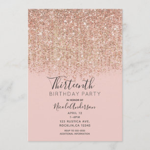 Invitation Fête d'anniversaire rose poudré et paillettes rose
