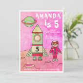 Invitation Fête d'anniversaire rose pour fille avec fusée spa (Debout devant)