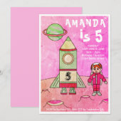 Invitation Fête d'anniversaire rose pour fille avec fusée spa (Devant / Derrière)