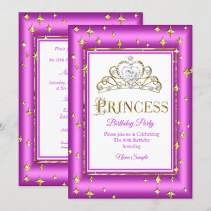 Invitation Fête d'anniversaire Rose Pourpre Princesse Or