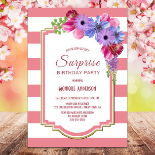 Invitation Fête d'anniversaire rose rayé Floral Surprise