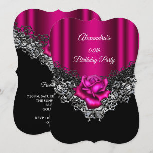 Invitation Fête d'anniversaire Rose rose Dentelle Noir Argent