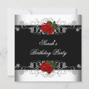 Invitation Fête d'anniversaire Rose rouge noire Fleurs blanch