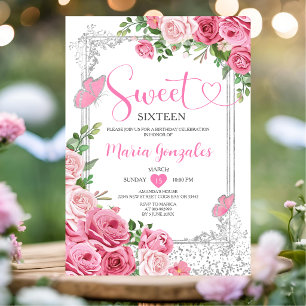 Invitation Fête d'anniversaire Rose Sweet Seize Argent 16 ans