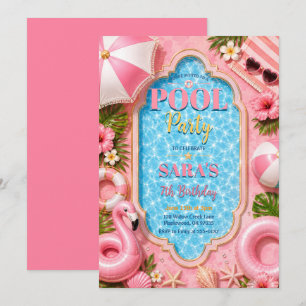 Invitation Fête d'anniversaire rose tropicale au bord de la p
