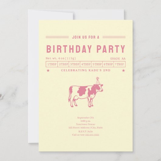 Invitation Fête d'anniversaire rose vache à beurre (Devant)
