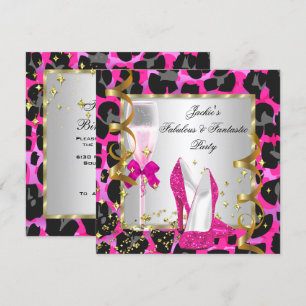 Invitation Fête d'anniversaire rose vif noir argent léopard