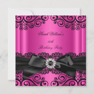 Invitation Fête d'anniversaire rose vif noir dentelle noeud