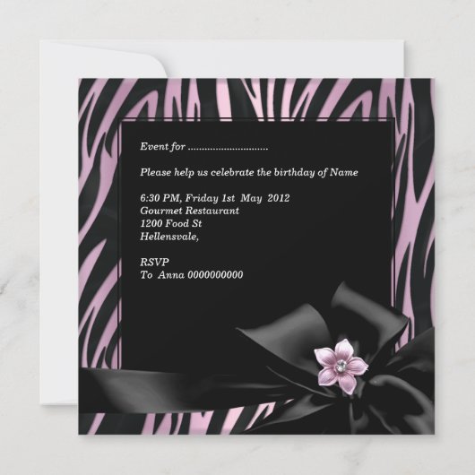 Invitation Fête d'anniversaire rose Zebra Leopard Élégant (Dos)