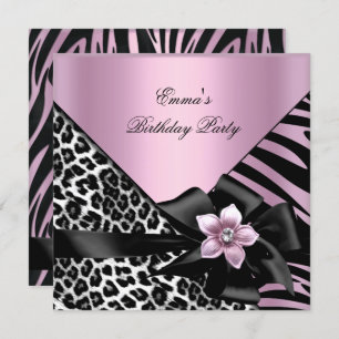 Invitation Fête d'anniversaire rose Zebra Leopard Élégant