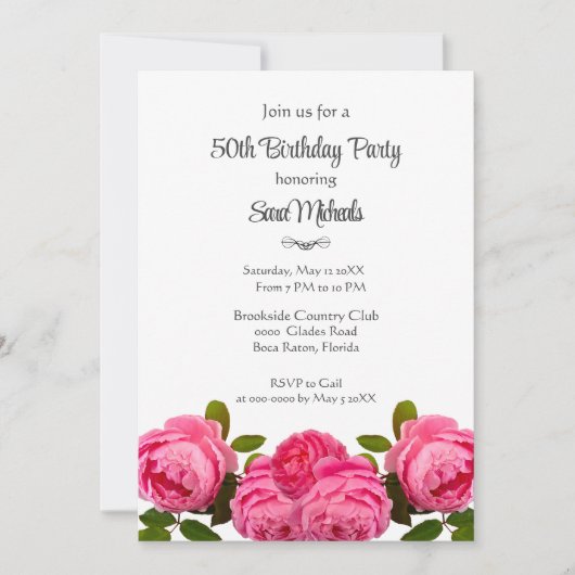 Invitation Fête d'anniversaire Roses roses fête (Devant)