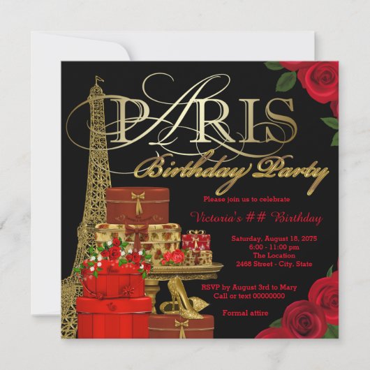 Invitation Fête d'anniversaire rouge à Paris (Devant)