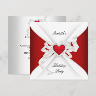 Invitation Fête d'anniversaire Rouge Argent Blanc Diamant Cœu